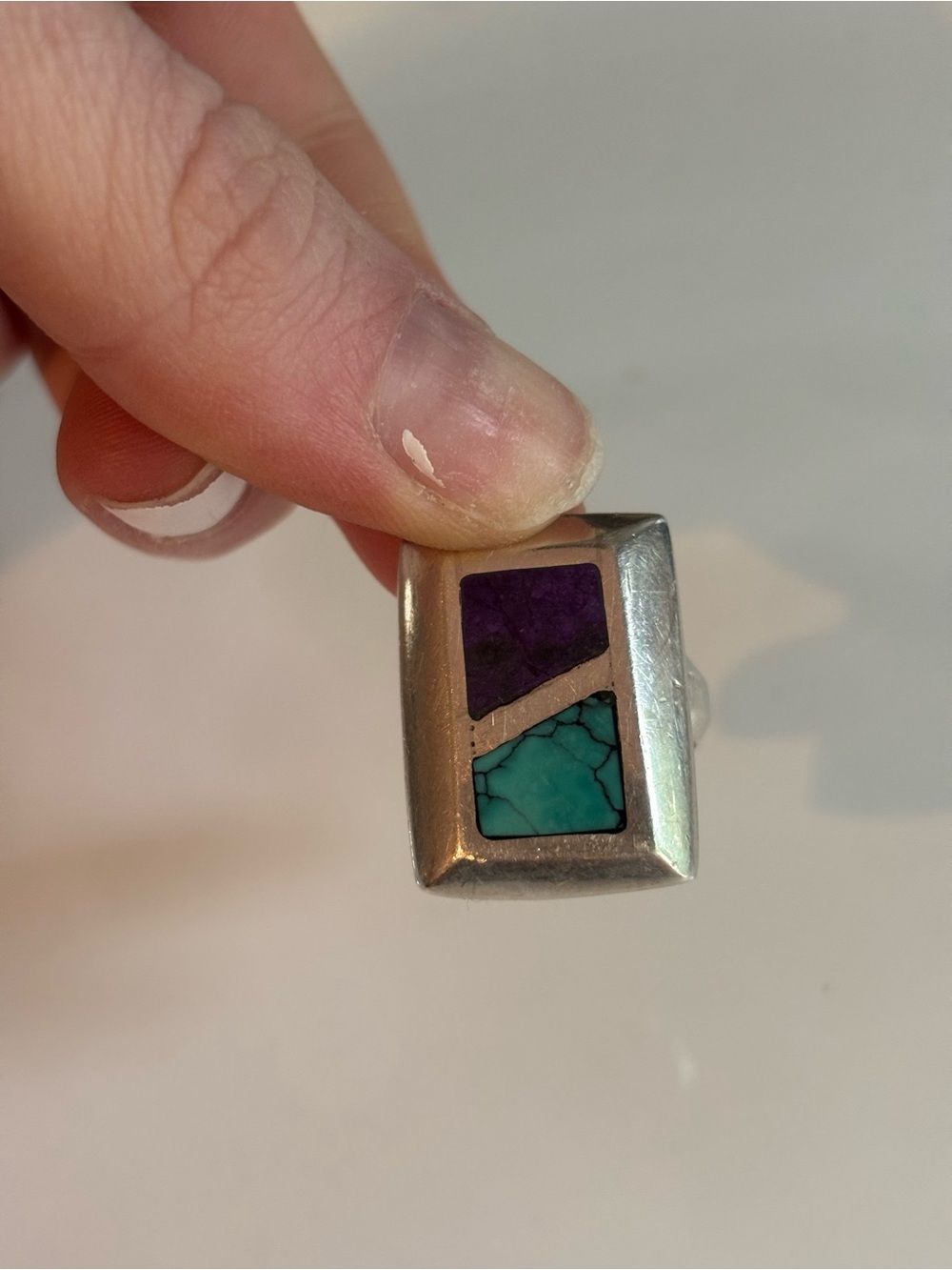 Zuni Sterling Silver Turquoise Purple Sugilite Inlay Rectangle Statement Ring 6 - Picture 9 of 12
